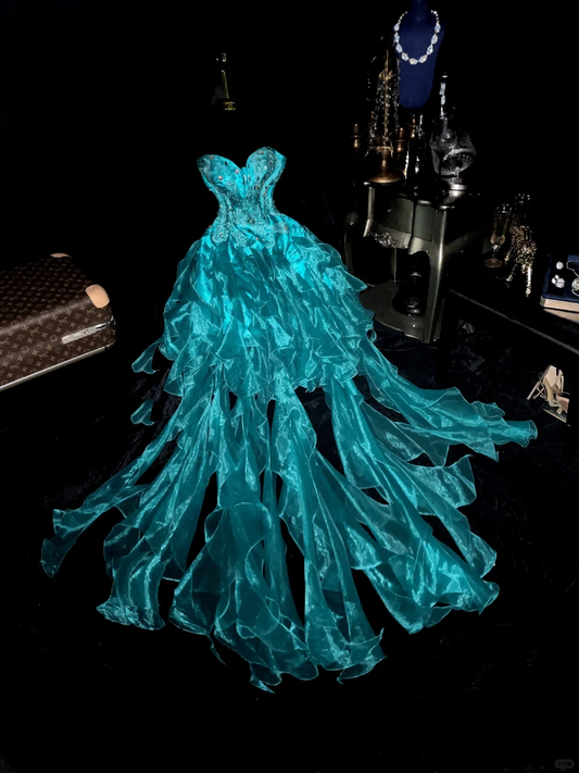 Vintage A Line Sweetheart Neck Blue Ruffle Beaded Organza Prom Dress Party Dress SH3072