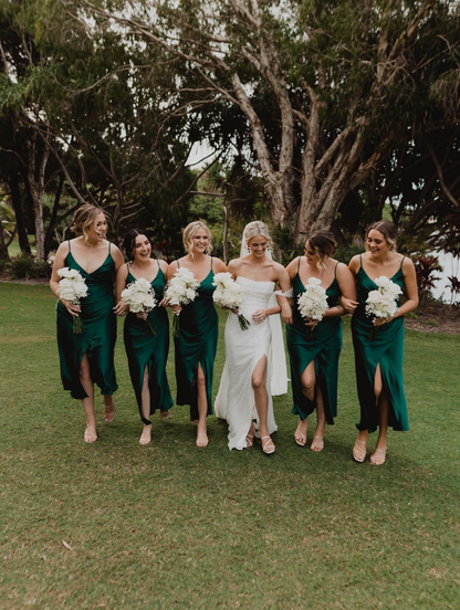 Elegant A Line Spaghetti Strap Hunter Green Satin Evening Dress Bridesmaid Dress with Slit SH2705