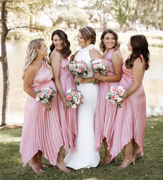 Elegant A Line One Shoulder Pleated Pink Satin Bridesmaid Dress Evening Dress SH3055