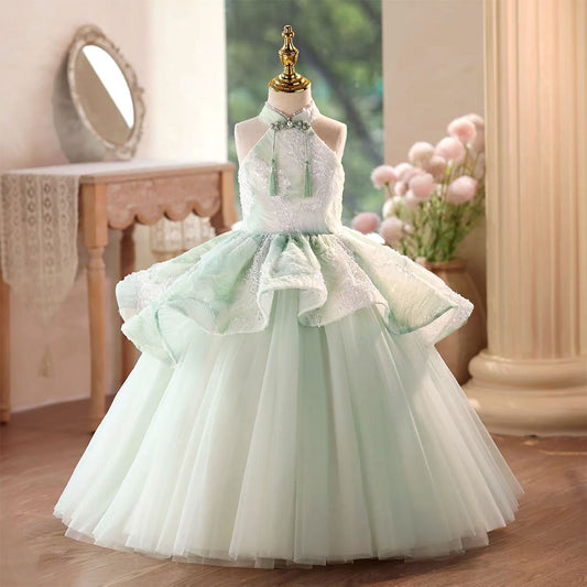 Green Flower Girl Dress with Delicate Beading Floor Length D102