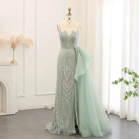 Spaghetti Straps Sage Green Mermaid Evening Dress with Overskirt SS039