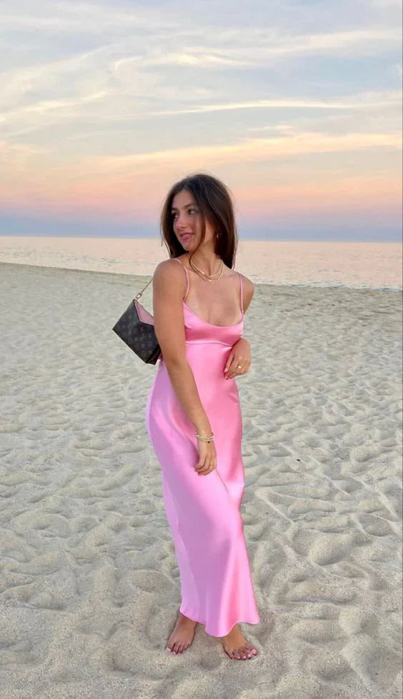 Spaghetti Straps Simple A line Sleeveless Party Dress Silk Satin Pink Prom Dress