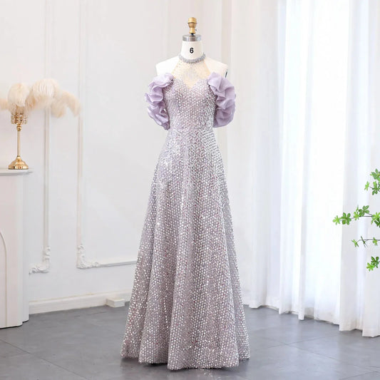 Sparkly Sequin Off Shoulder Purple Evening Dresses SS507