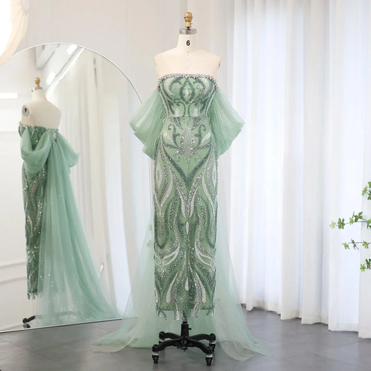 Strapless Sage Green Evening Dresses with Cape Sleeves SS345
