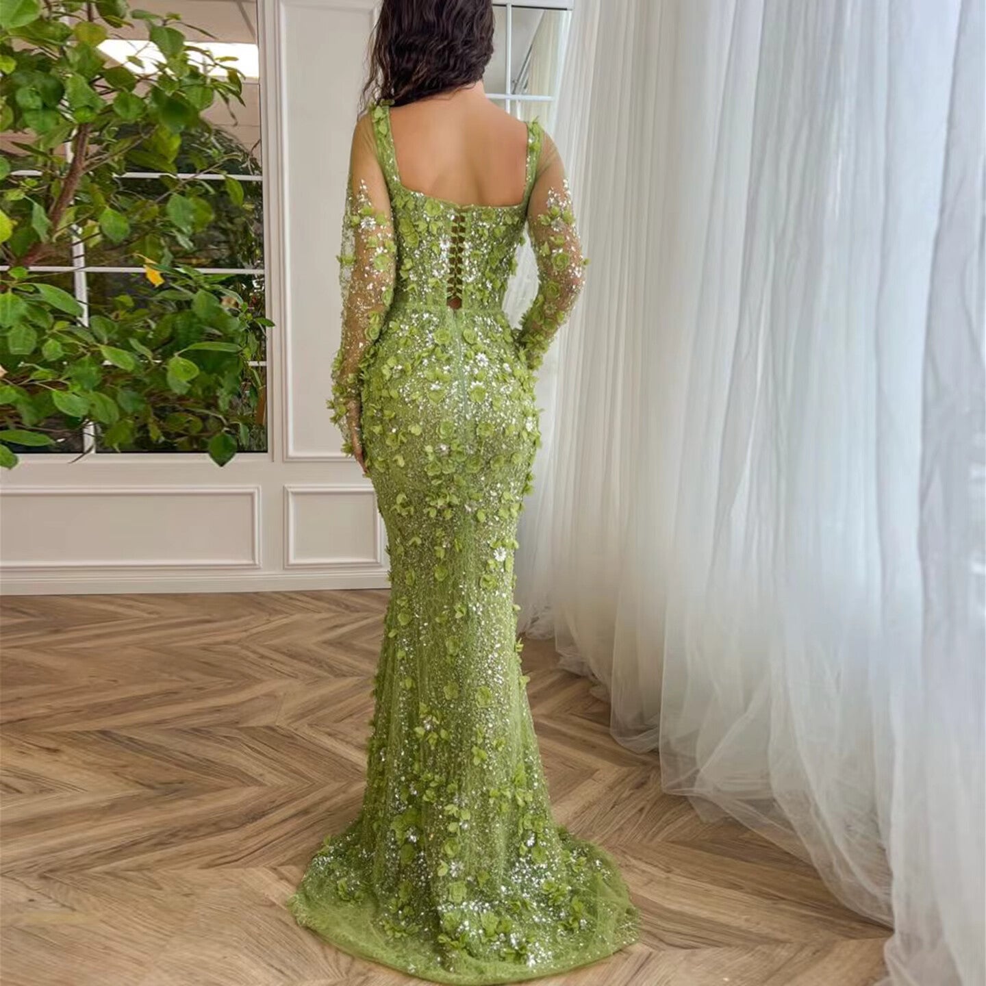 Stunning Lime Green 3D Floral Mermaid Evening Dress SS355