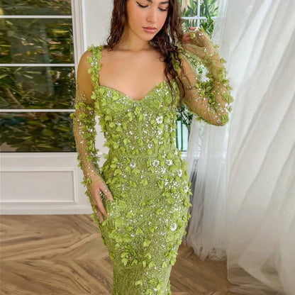 Stunning Lime Green 3D Floral Mermaid Evening Dress SS355