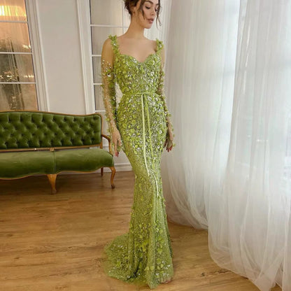 Stunning Lime Green 3D Floral Mermaid Evening Dress SS355