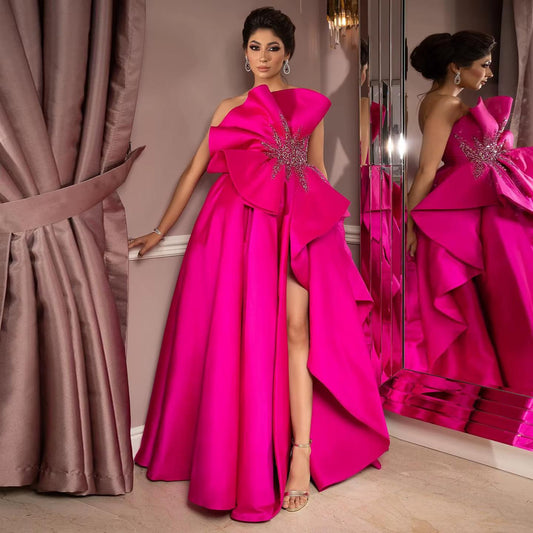 Stunning Scalloped Fuchsia Satin Evening Dress with Slit SS581