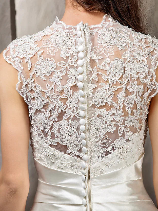 A-Line Wedding Dresses Queen Anne Lace Satin Sleeveless See-Through with Sash Ribbon Beading Appliques