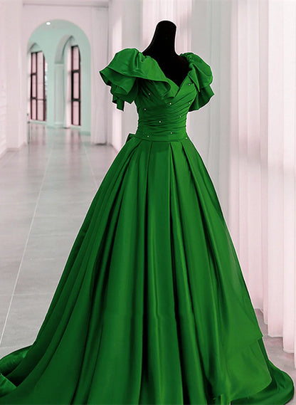 Green Satin Long Party Dress, A-line Green Prom Dress Evening Dress TP1158
