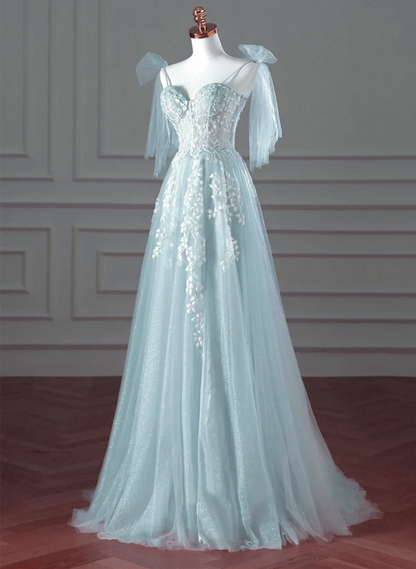 Pretty Mint Blue Tulle with Lace A-line Long Party Dress, Mint Blue Prom Dress Fornal Dress TP1170