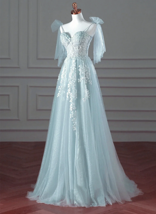 Pretty Mint Blue Tulle with Lace A-line Long Party Dress, Mint Blue Prom Dress Fornal Dress TP1170