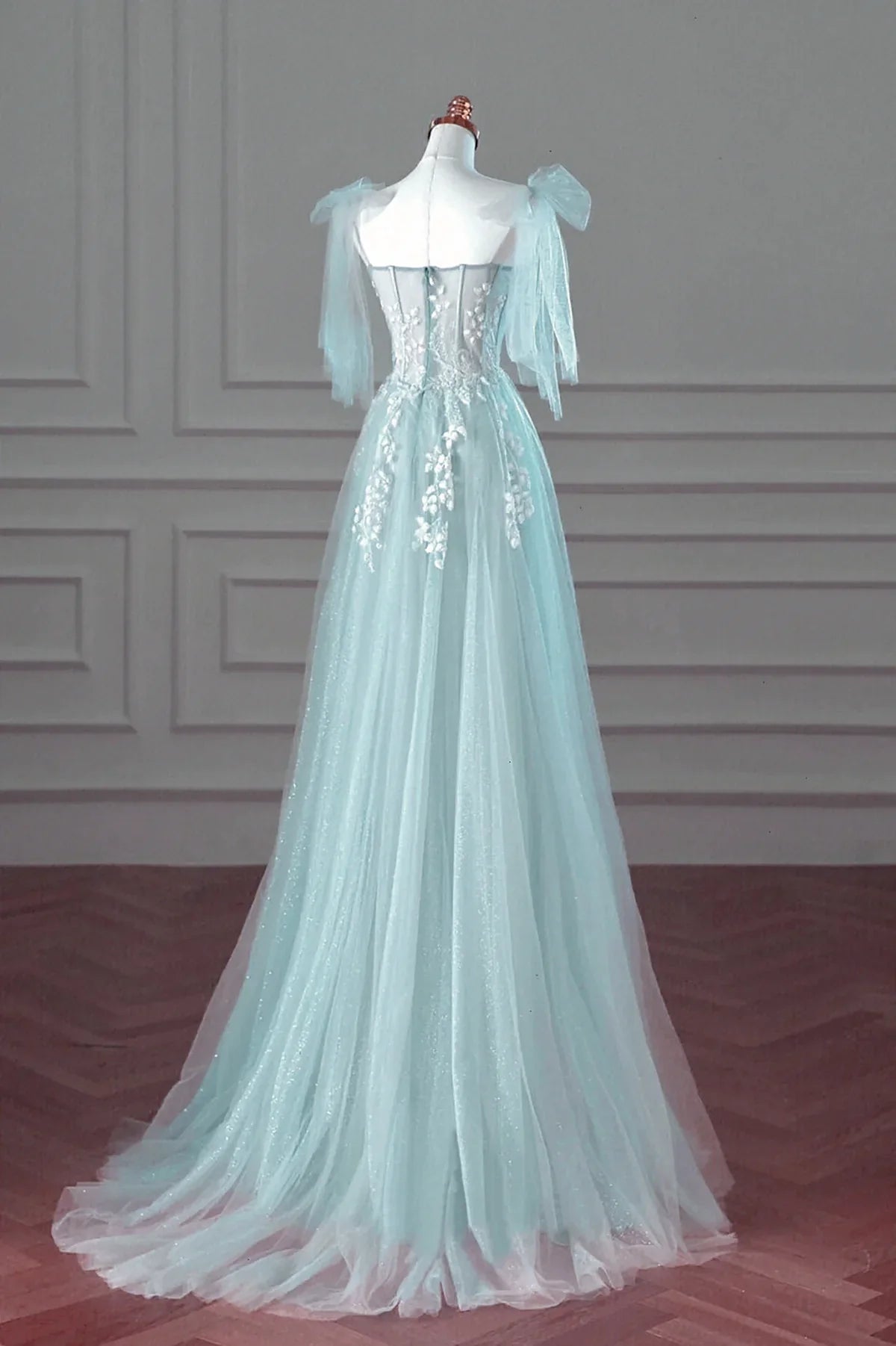 Pretty Mint Blue Tulle with Lace A-line Long Party Dress, Mint Blue Prom Dress Fornal Dress TP1170