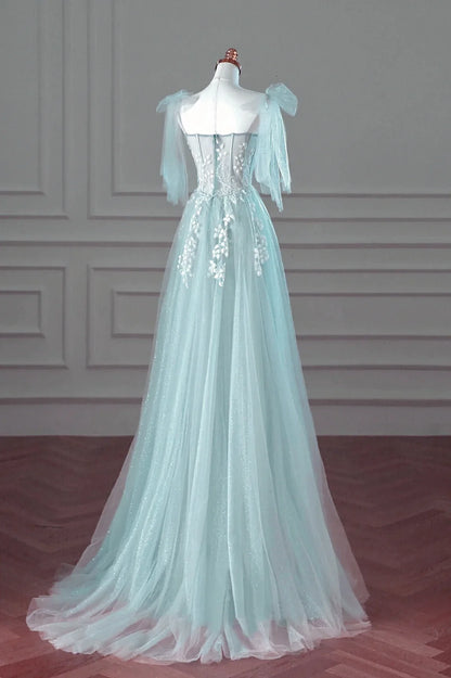 Pretty Mint Blue Tulle with Lace A-line Long Party Dress, Mint Blue Prom Dress Fornal Dress TP1170