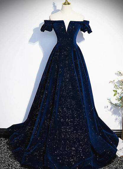 Navy Blue Velvet Off Shoulder Long Party Dress, Navy Blue Prom Dress Formal Dress TP1182