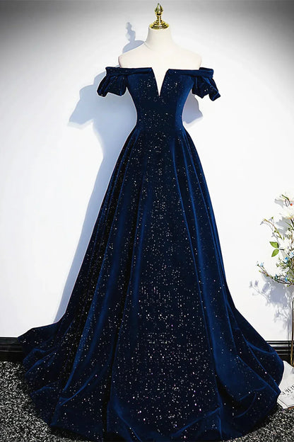 Navy Blue Velvet Off Shoulder Long Party Dress, Navy Blue Prom Dress Formal Dress TP1182