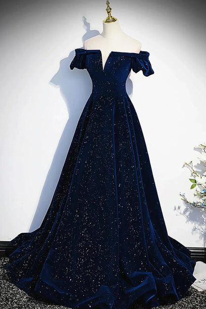 Navy Blue Velvet Off Shoulder Long Party Dress, Navy Blue Prom Dress Formal Dress TP1182