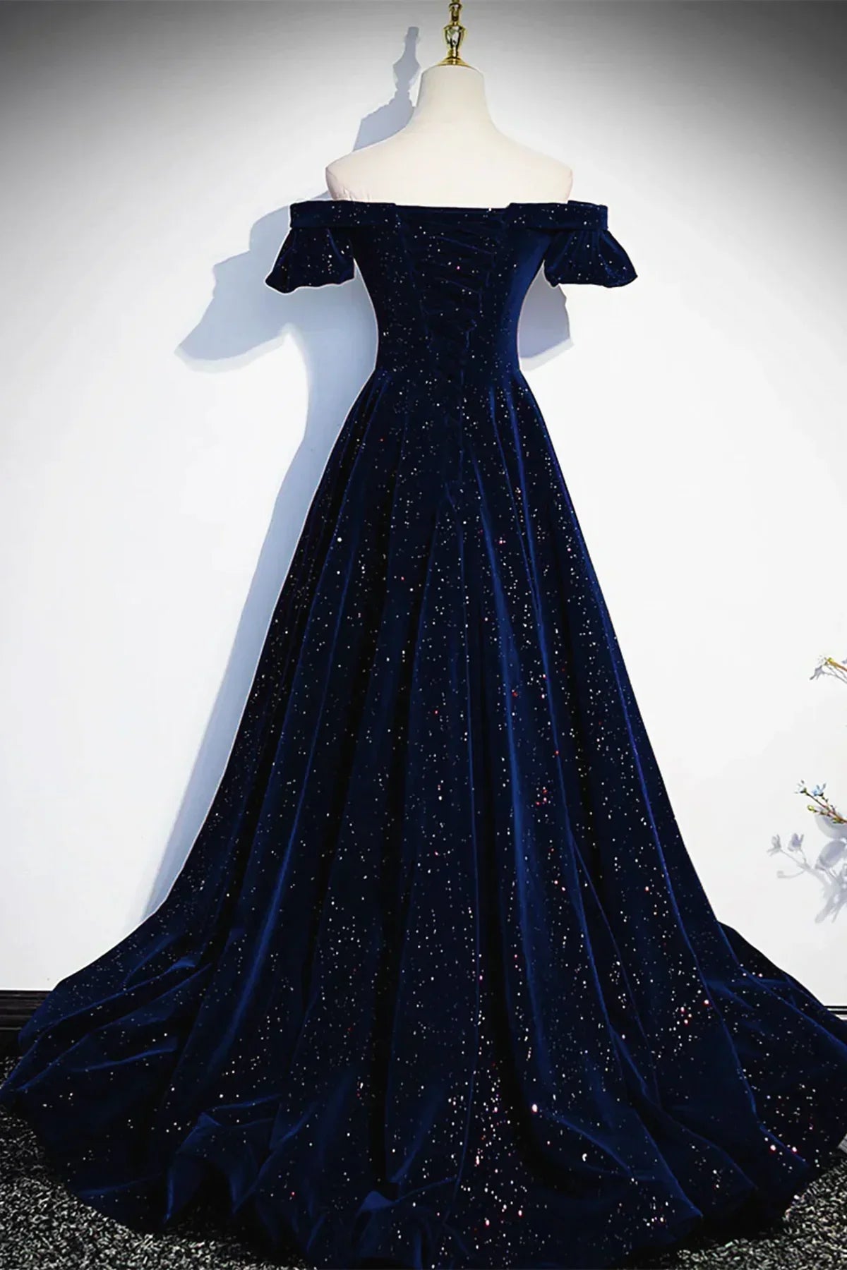 Navy Blue Velvet Off Shoulder Long Party Dress, Navy Blue Prom Dress Formal Dress TP1182
