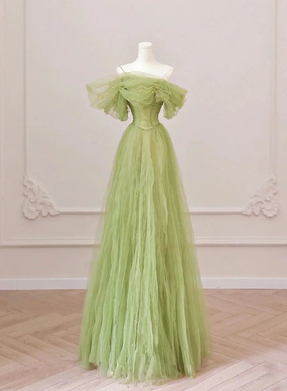 Green Off Shoulder Tulle Long Party Dress, A-Line Green Prom Dress Evening Dress TP1196
