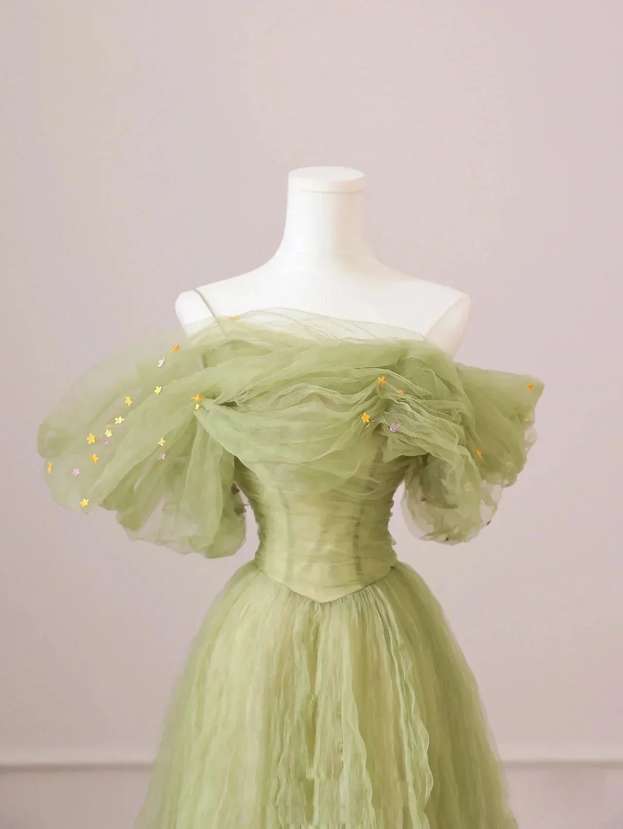 Green Off Shoulder Tulle Long Party Dress, A-Line Green Prom Dress Evening Dress TP1196