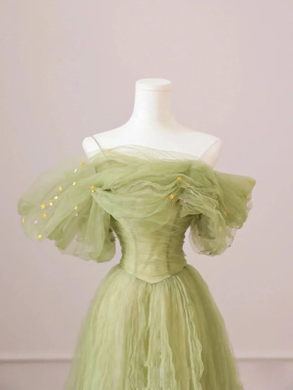 Green Off Shoulder Tulle Long Party Dress, A-Line Green Prom Dress Evening Dress TP1196