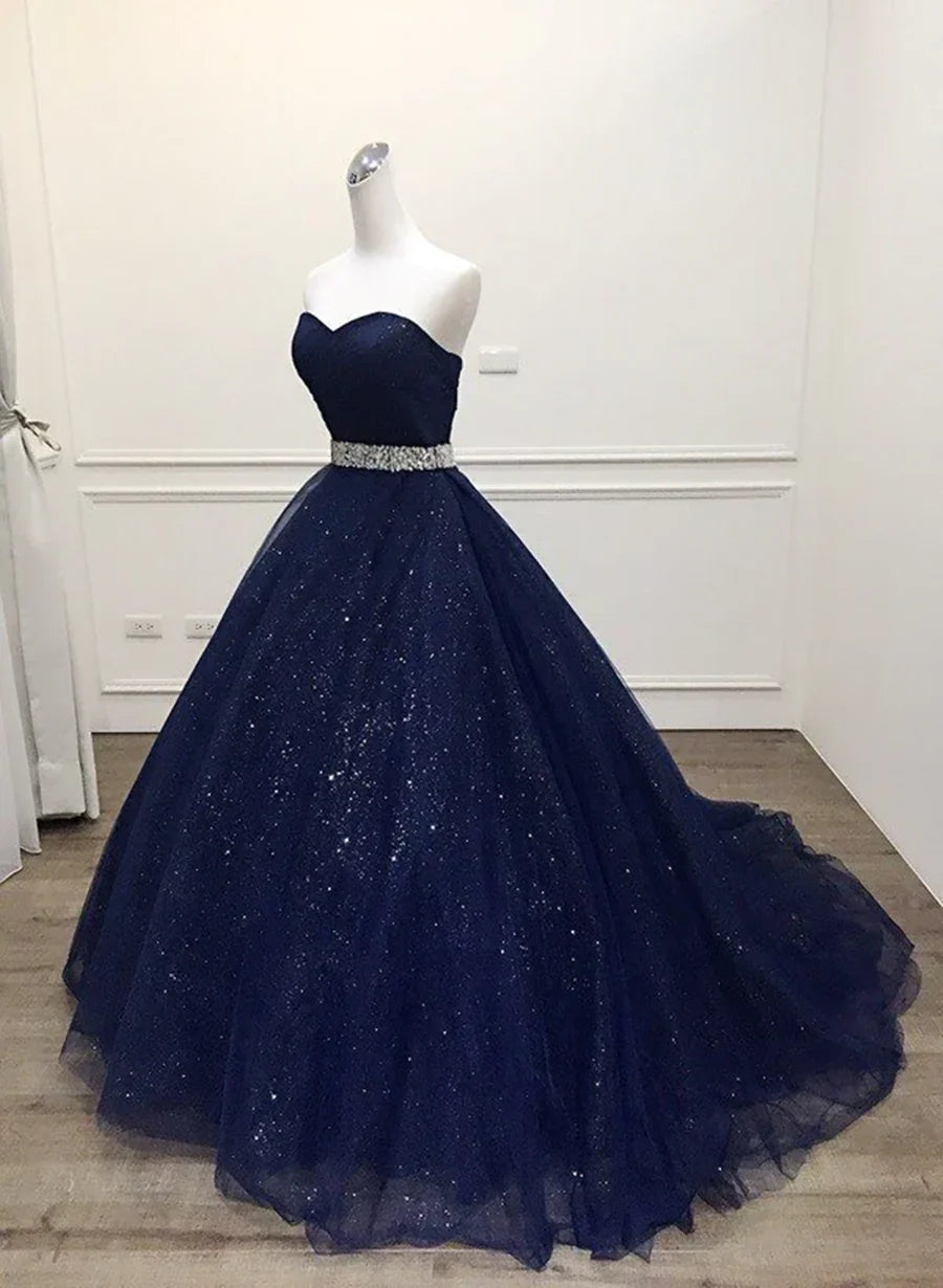 Navy Blue Tulle Beaded Ball Gown Sweet 16 Dress, Shiny Tulle Blue Prom Dress TP1303