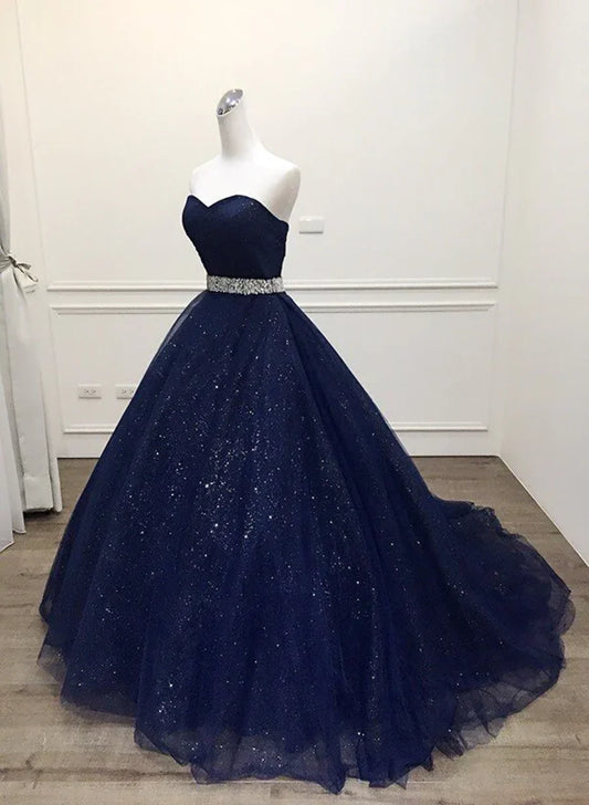 Navy Blue Tulle Beaded Ball Gown Sweet 16 Dress, Shiny Tulle Blue Prom Dress TP1303