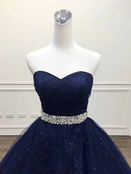 Navy Blue Tulle Beaded Ball Gown Sweet 16 Dress, Shiny Tulle Blue Prom Dress TP1303