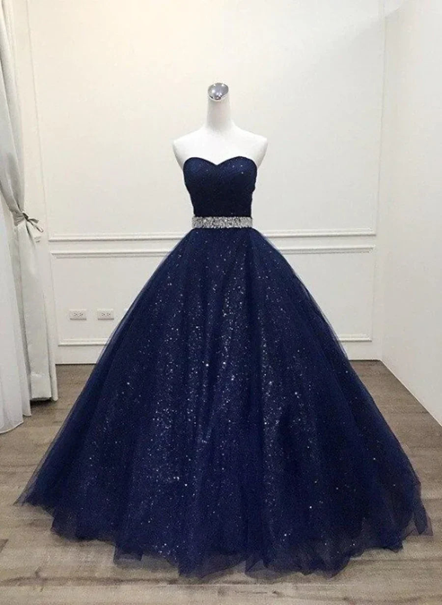 Navy Blue Tulle Beaded Ball Gown Sweet 16 Dress, Shiny Tulle Blue Prom Dress TP1303