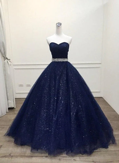 Navy Blue Tulle Beaded Ball Gown Sweet 16 Dress, Shiny Tulle Blue Prom Dress TP1303