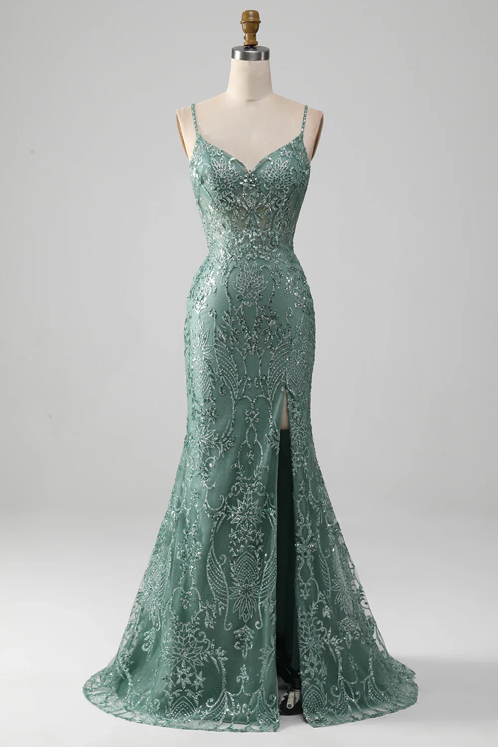 Spaghetti Staps Sparkly Grey Green Prom Dress with Beading TP1381