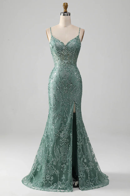 Spaghetti Staps Sparkly Grey Green Prom Dress with Beading TP1381