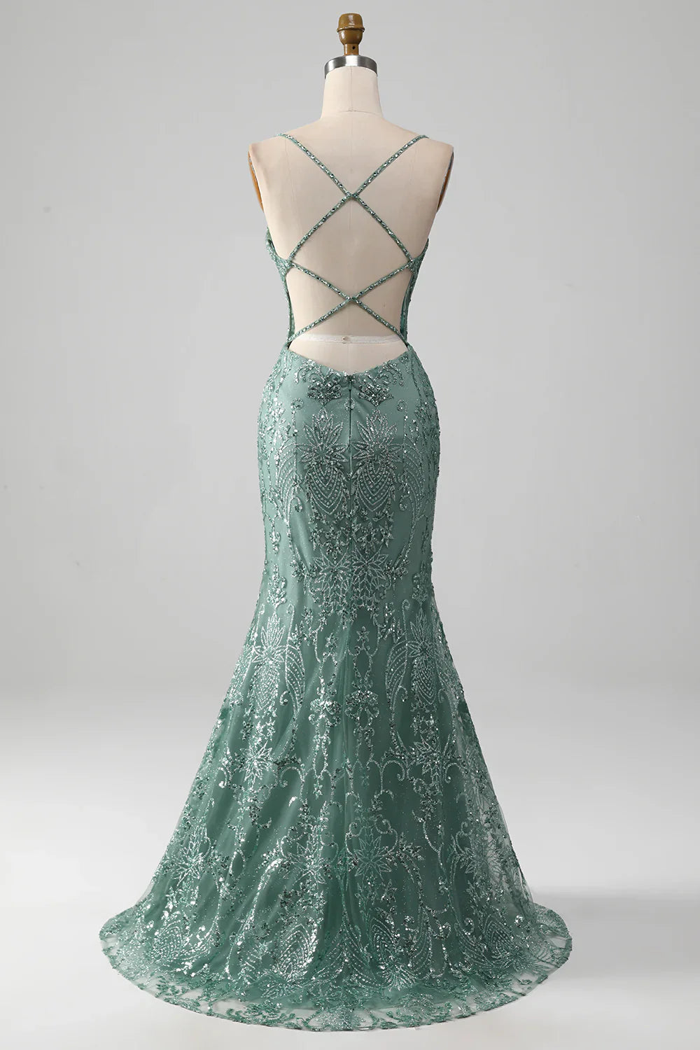 Spaghetti Staps Sparkly Grey Green Prom Dress with Beading TP1381