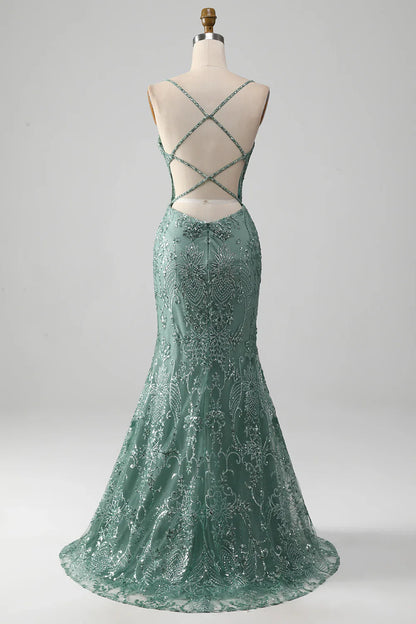 Spaghetti Staps Sparkly Grey Green Prom Dress with Beading TP1381