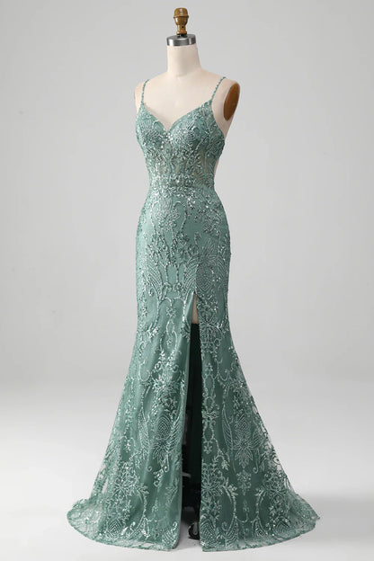 Spaghetti Staps Sparkly Grey Green Prom Dress with Beading TP1381