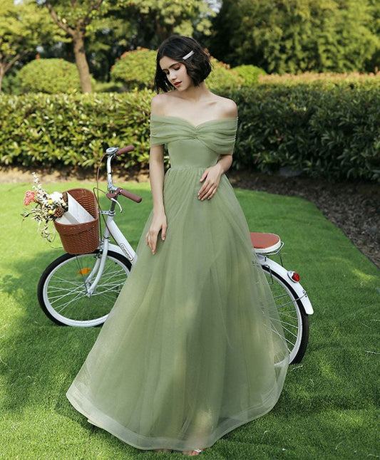 Simple green A-line tulle long prom dress, green formal bridesmaid dresses TP1778