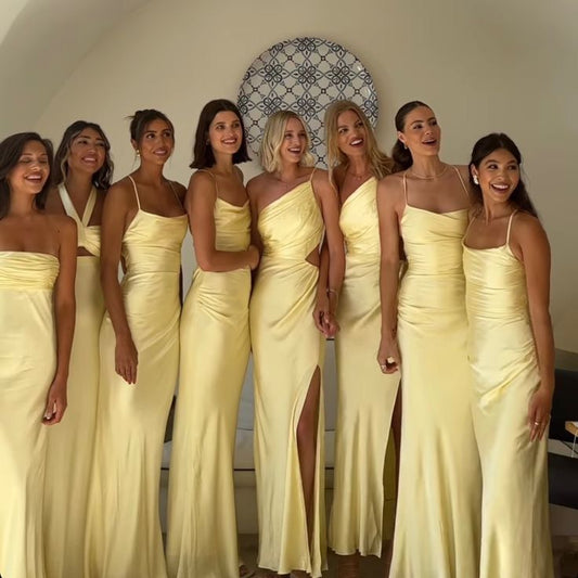 Soft and simple yellow satin long prom dress, bridesmaid dress TP1800