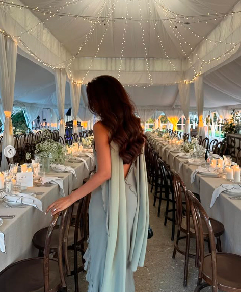 Elegant green V-neck A-line spaghetti strap ruffled chiffon bridesmaid dress evening gown TP2083