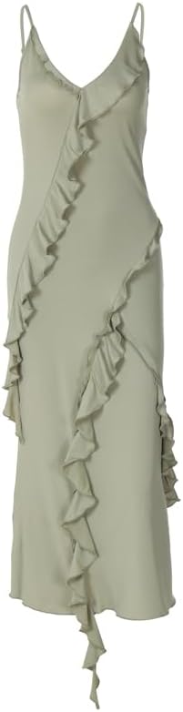 Elegant green V-neck A-line spaghetti strap ruffled chiffon bridesmaid dress evening gown TP2083