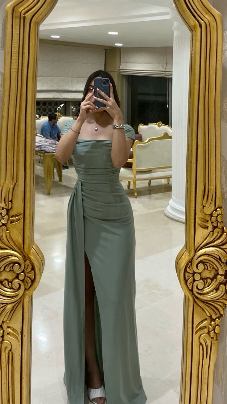 Green Short Sleeve Skinny High Slit Long Ball Gown Bridesmaid Dress TP2090