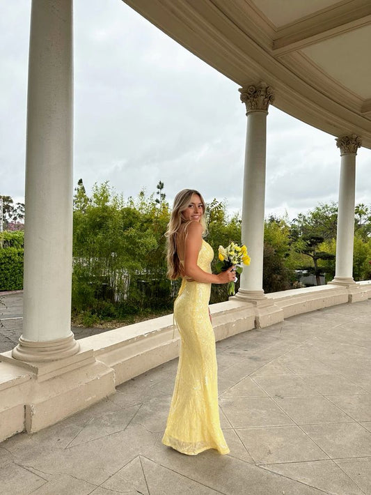 Elegant Yellow Spaghetti Strap Sleeveless Slit Mermaid Ball Gown Bridesmaid Dress TP2097
