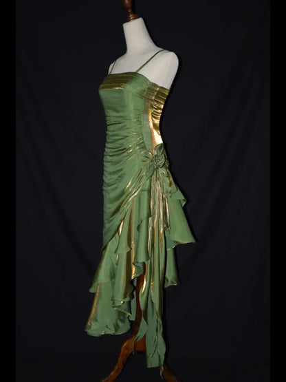 Cute Green Straps High Low Satin Chic Party Dress, Green Prom Dress Evening Dress TP2123