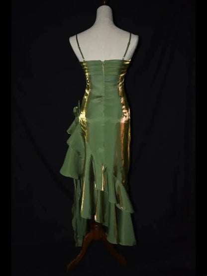 Cute Green Straps High Low Satin Chic Party Dress, Green Prom Dress Evening Dress TP2123