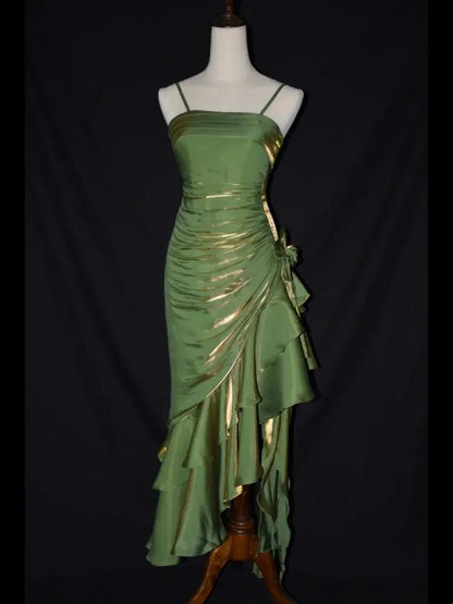 Cute Green Straps High Low Satin Chic Party Dress, Green Prom Dress Evening Dress TP2123