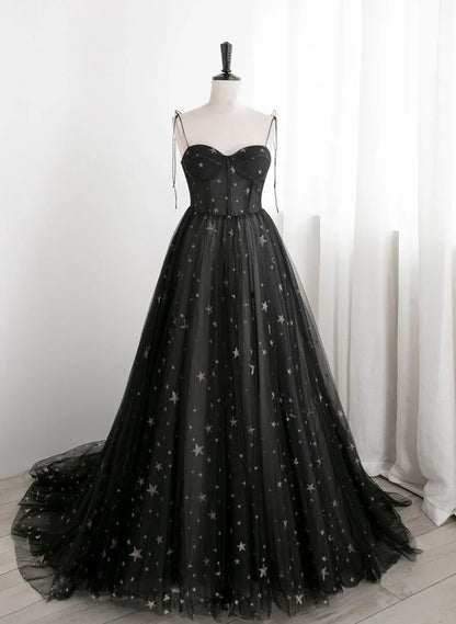 Charming Black Sweethart Tulle Straps A-line Long Formal Dress, Black Prom Dress TP2143