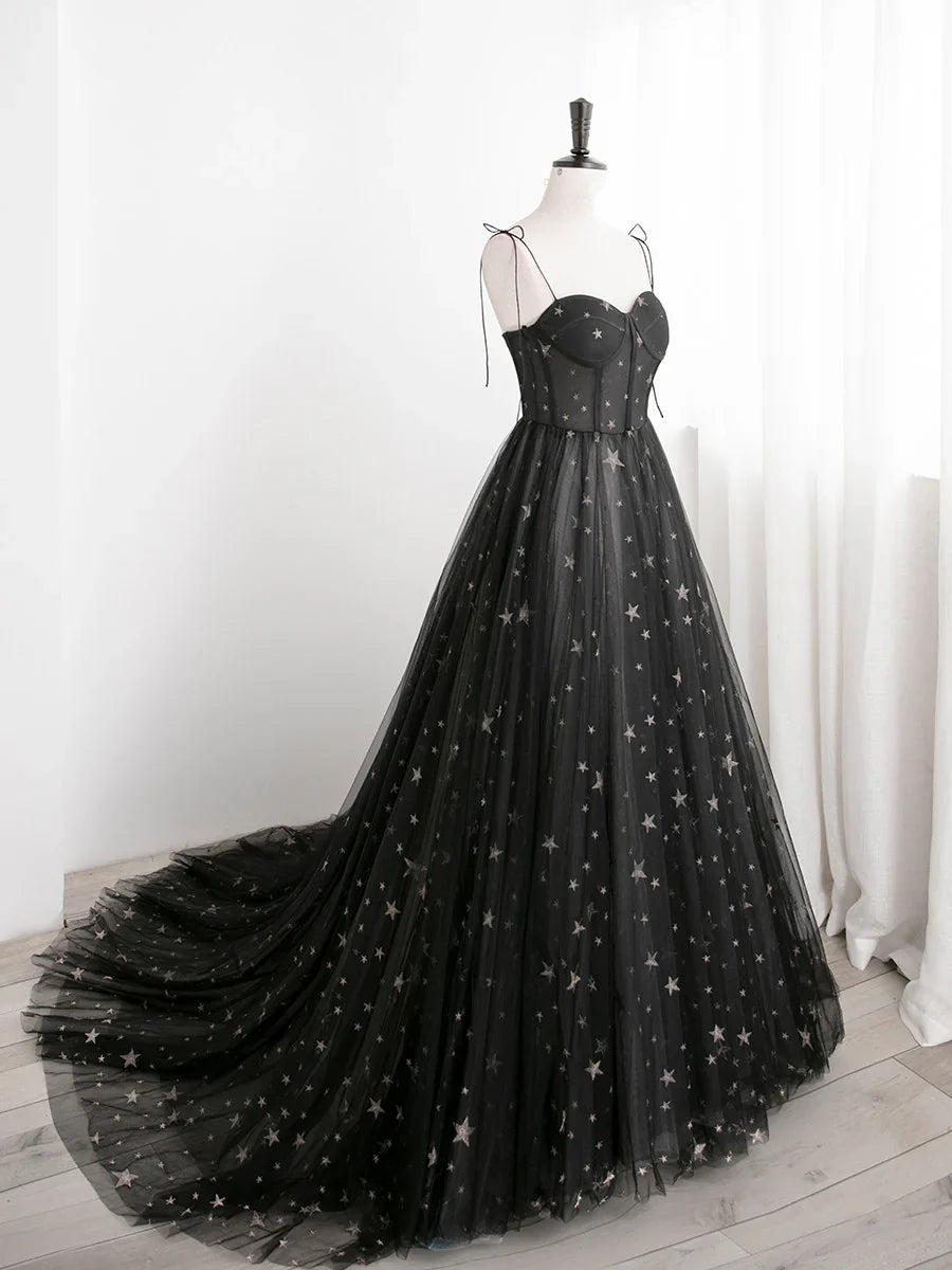 Charming Black Sweethart Tulle Straps A-line Long Formal Dress, Black Prom Dress TP2143