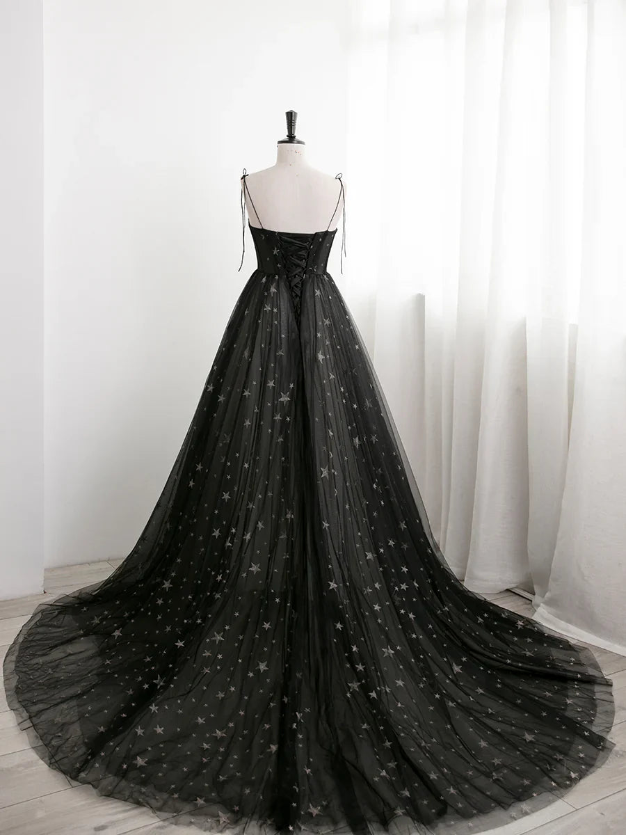 Charming Black Sweethart Tulle Straps A-line Long Formal Dress, Black Prom Dress TP2143