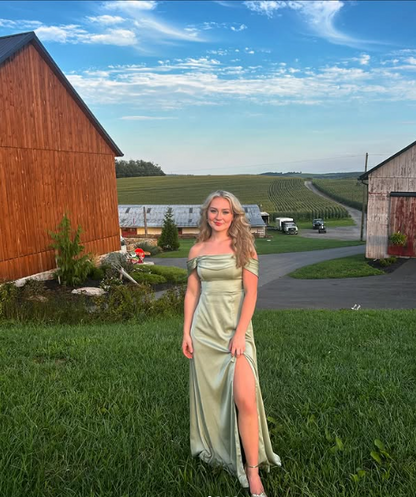 Simple satin green off-shoulder slit long prom dress bridesmaid dress TP2236