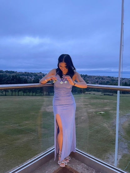 Elegant One Shoulder Soft Bodycon Slit Prom Dress Bridesmaid Dress TP2298