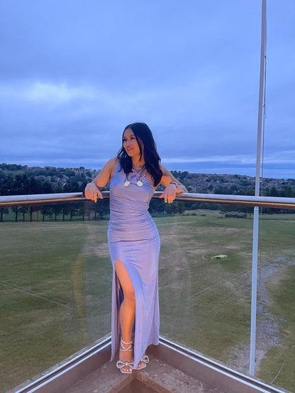 Elegant One Shoulder Soft Bodycon Slit Prom Dress Bridesmaid Dress TP2298